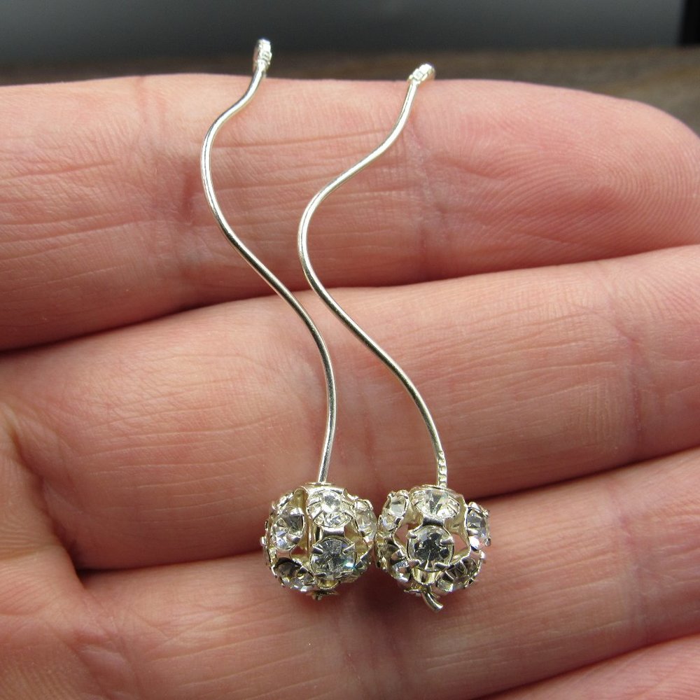Sterling Silver Long Crystal Ball Odd Earrings Vintage